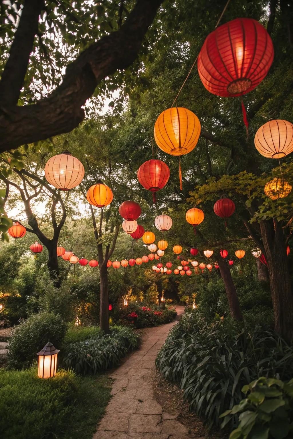 Whimsical paper globes inject color into a garden gathering.