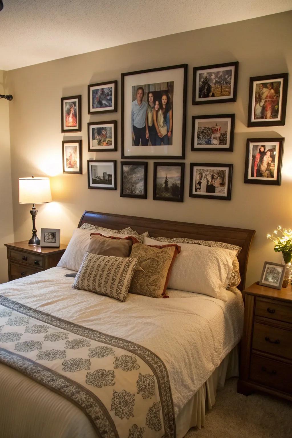The space over the bed is warmed up by a private photo collection.