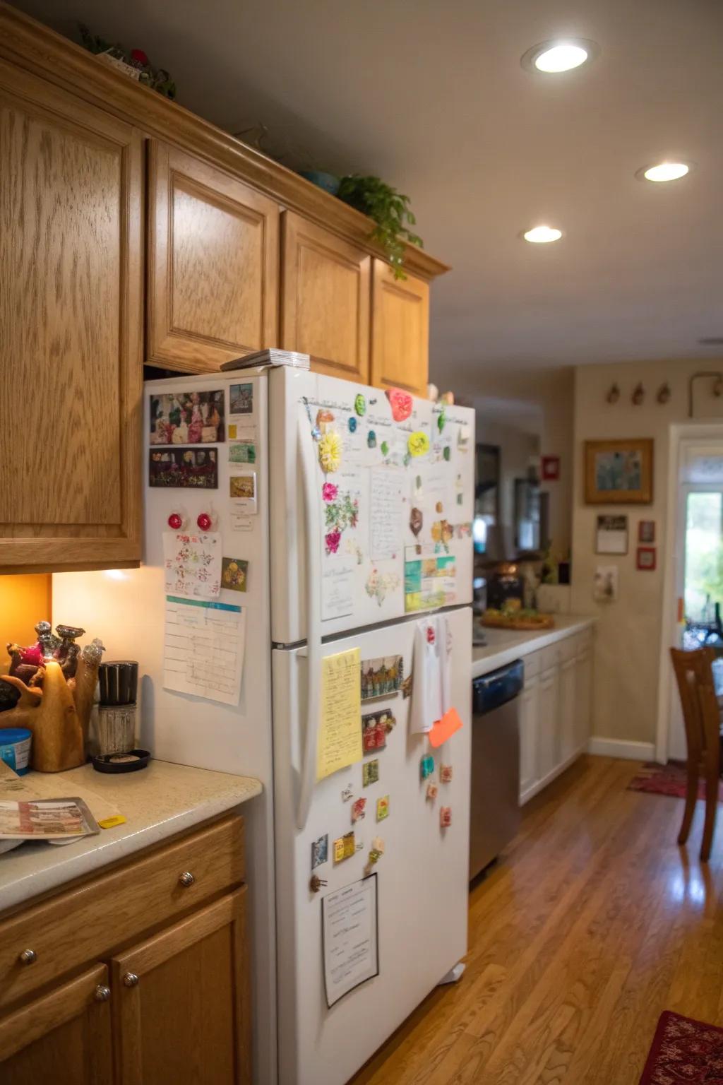A metal board just above the fridge keeps notes and reminders.