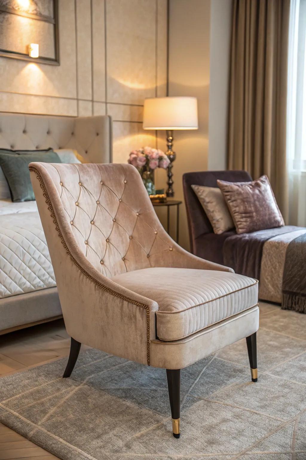 A velvet chair introduces a touch of opulence to the bedroom.