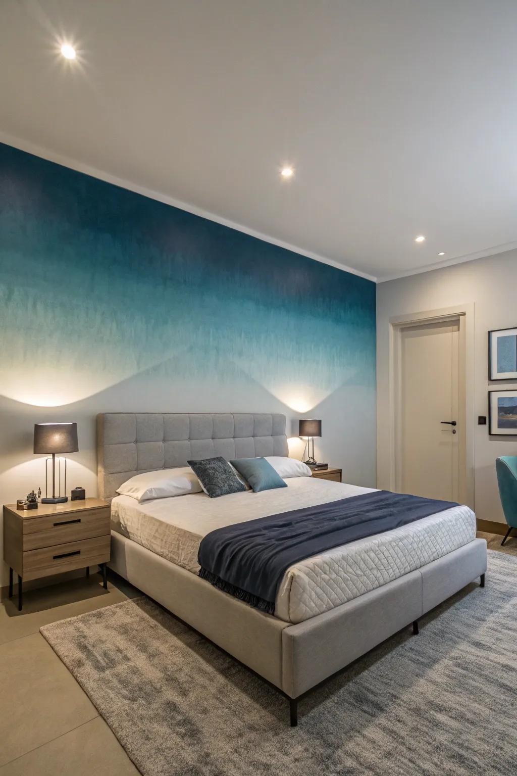 Gradient effects on the accent wall introduce dynamic depth to the bedroom.