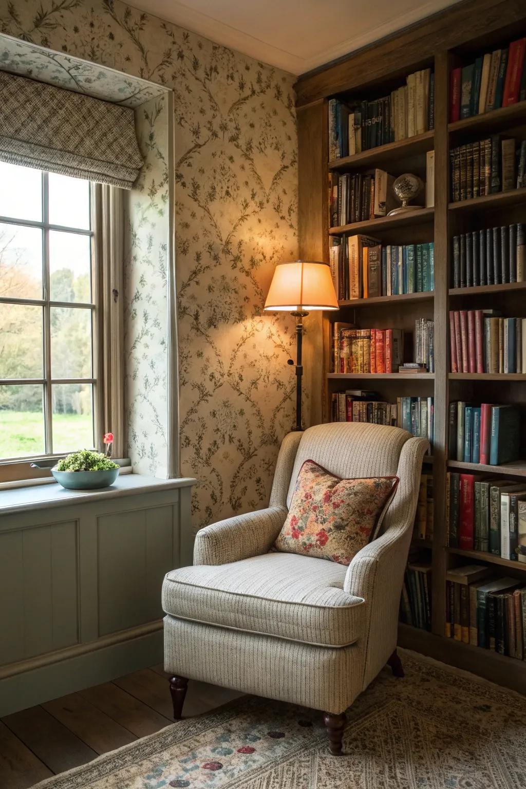 A reading area featuring classic wallcovering for a nostalgic feel.
