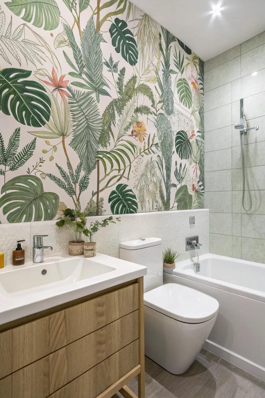 Botanical wallpaper invites a fresh, outdoor vibe indoors.