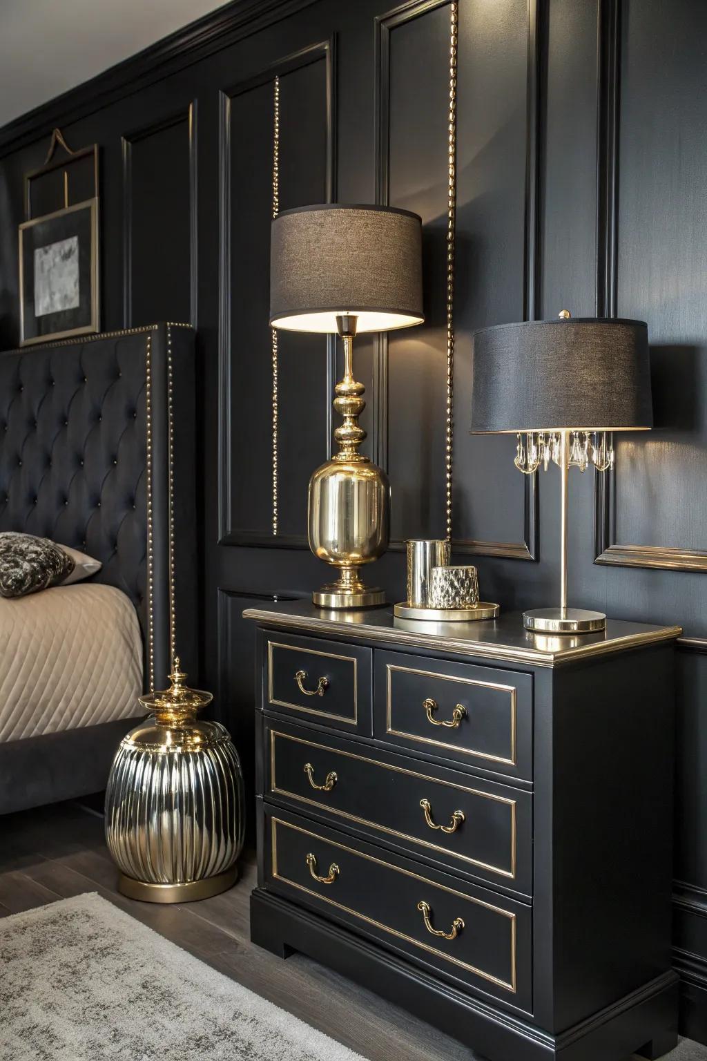 A charcoal boudoir exhibiting metallic highlights in ornamentation and fixtures.