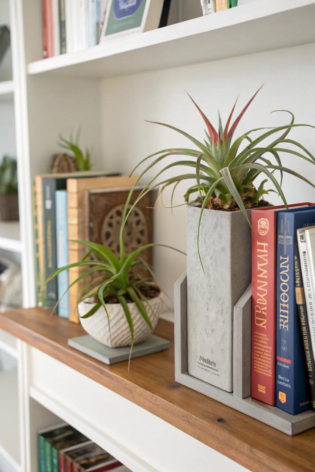 Air plants as bookends furnish a practical and aesthetic flourish.