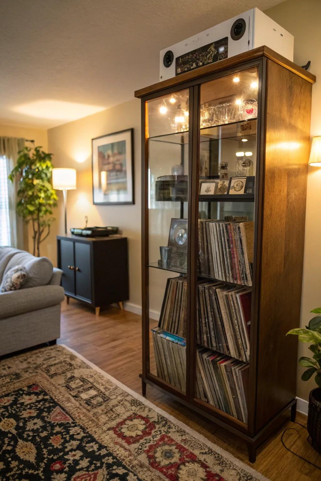 A glass cabinet exhibiting vinyl records while preserving them from dust.