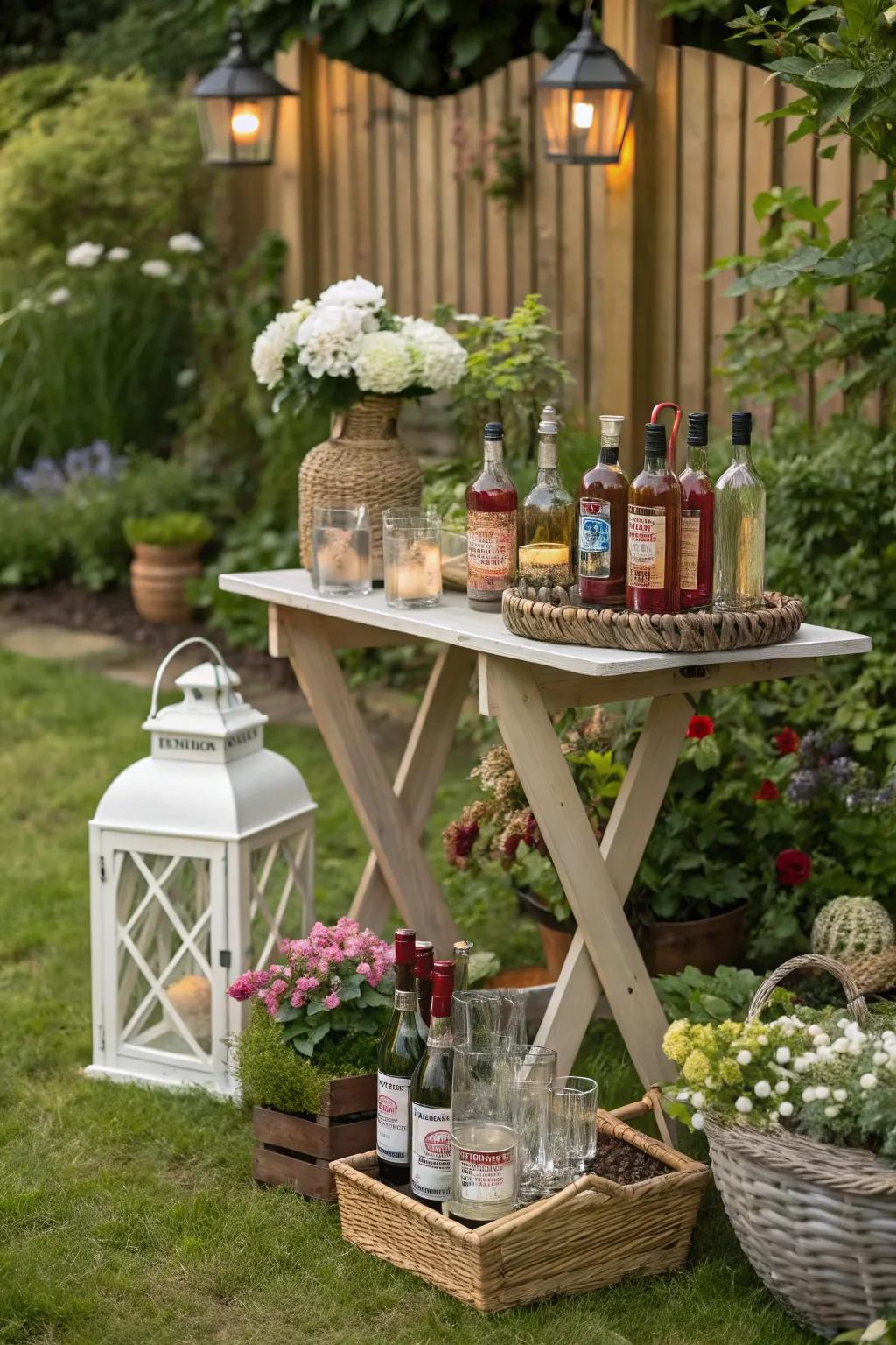 An outdoor garden table beautifully decorated with spirit bottles and garden elements.