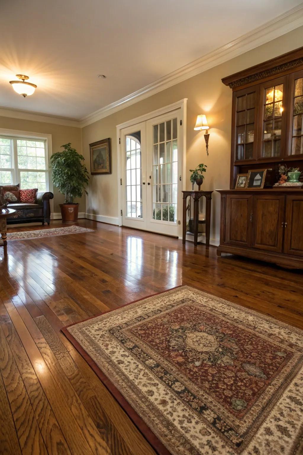 Wood floors enhancing the colonial aesthetic of a space.