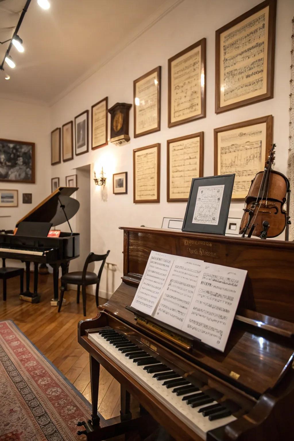 Framed printed music adds literary and musical beauty.