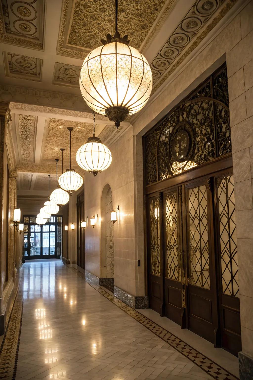 An entryway illuminated by exquisite globe lights.