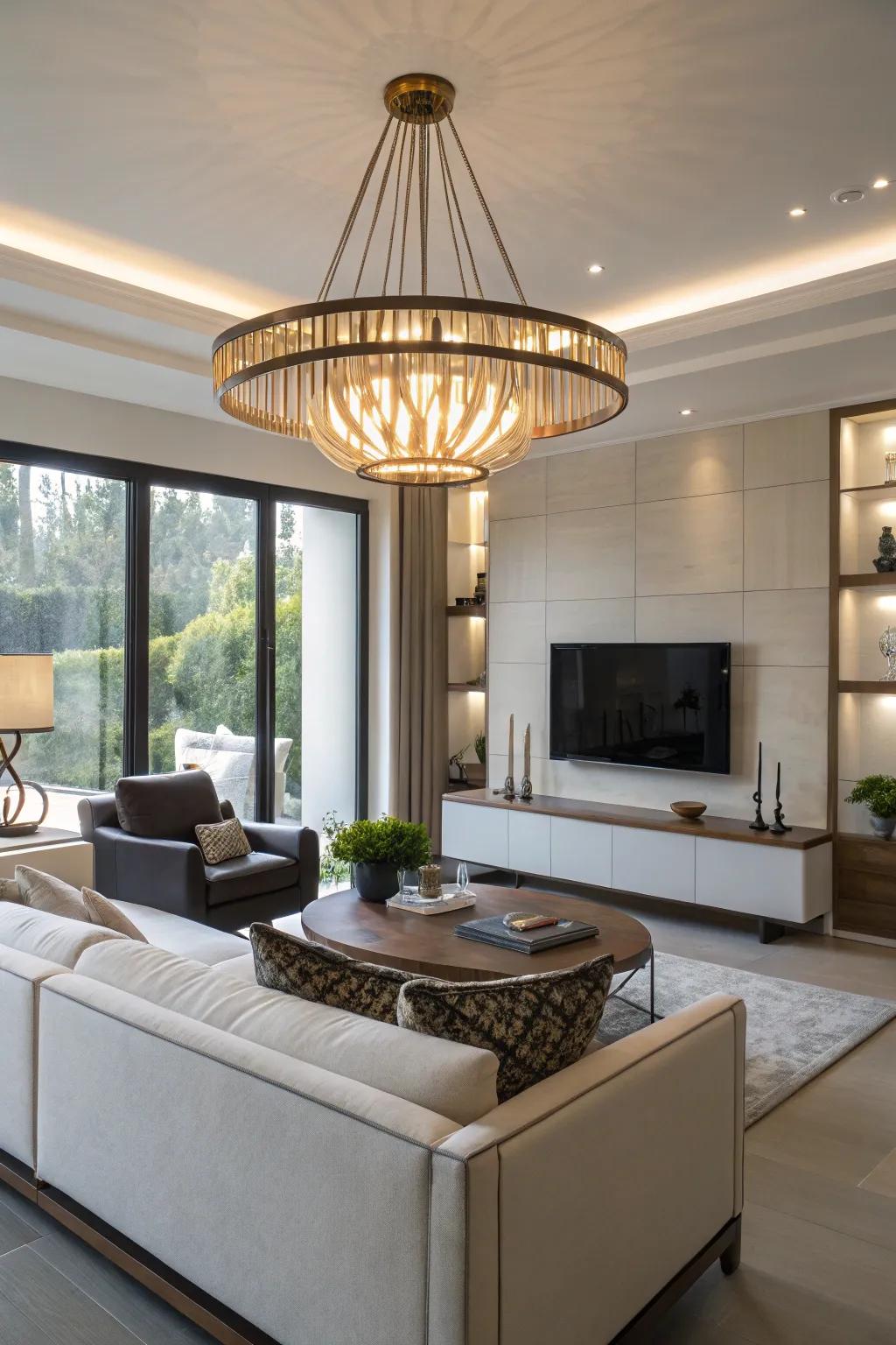 A statement illumination fixture elevates the appeal of this contemporary living space.