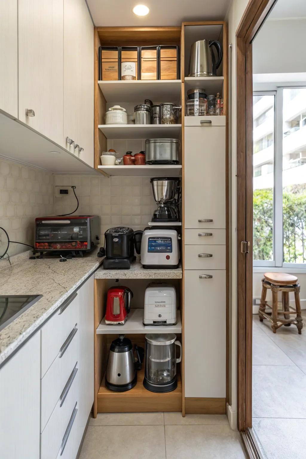 Vertical storage optimizes narrow spaces, creating functional appliance storage units.