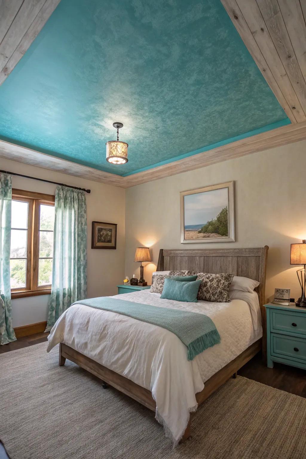 A sea-tinted ceiling establishes a distinctive and soothing focal point.