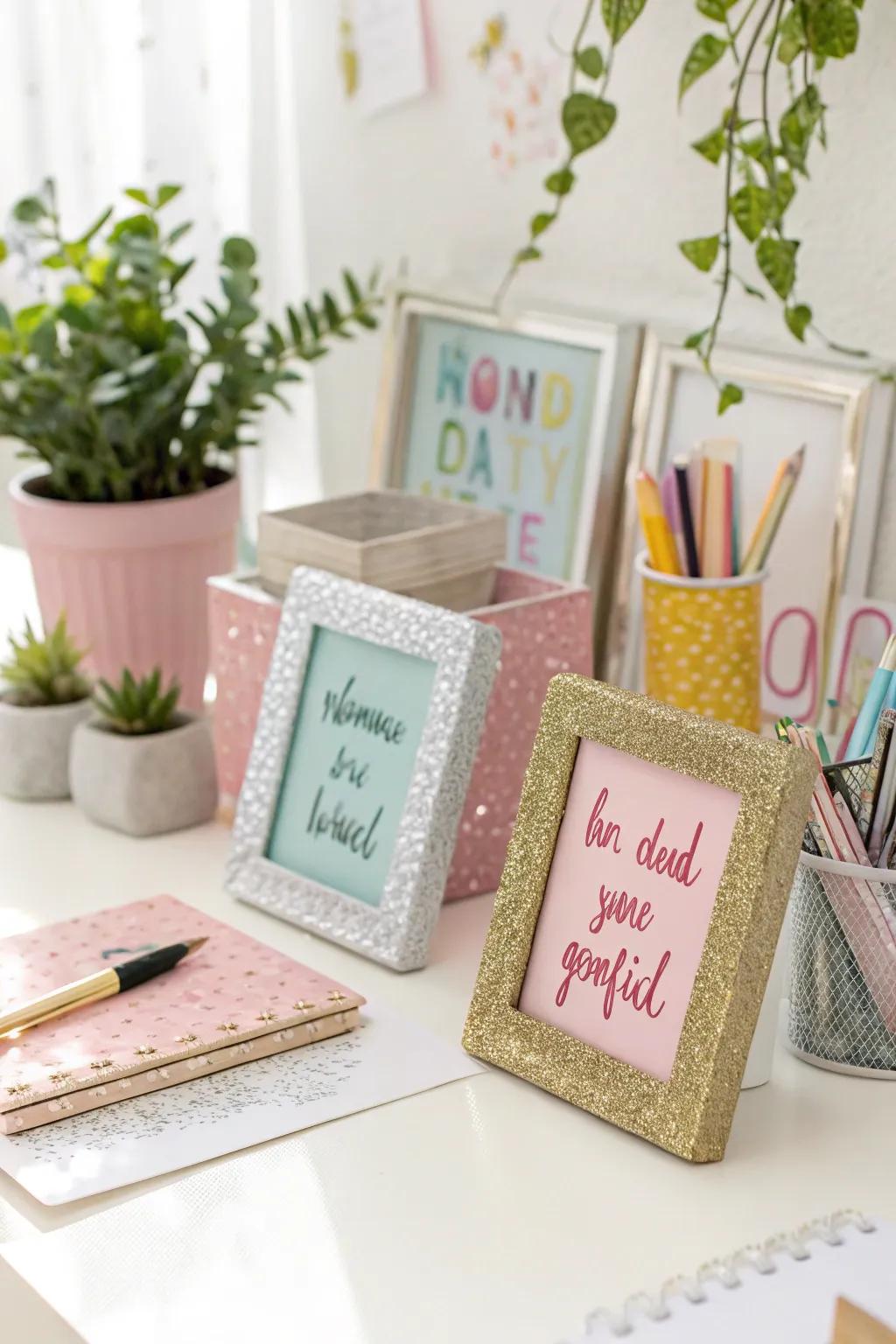 Small radiant frames with uplifting declarations add sparkle and motivation to this workspace.