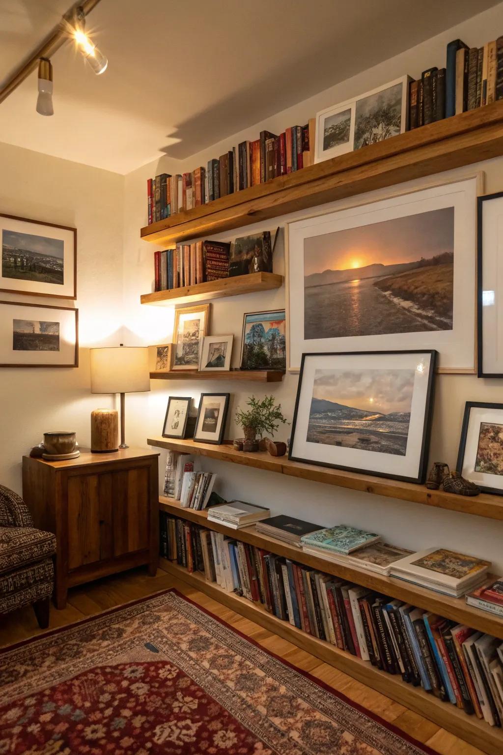 Layered art prints on photograph rails for a lively exhibit.