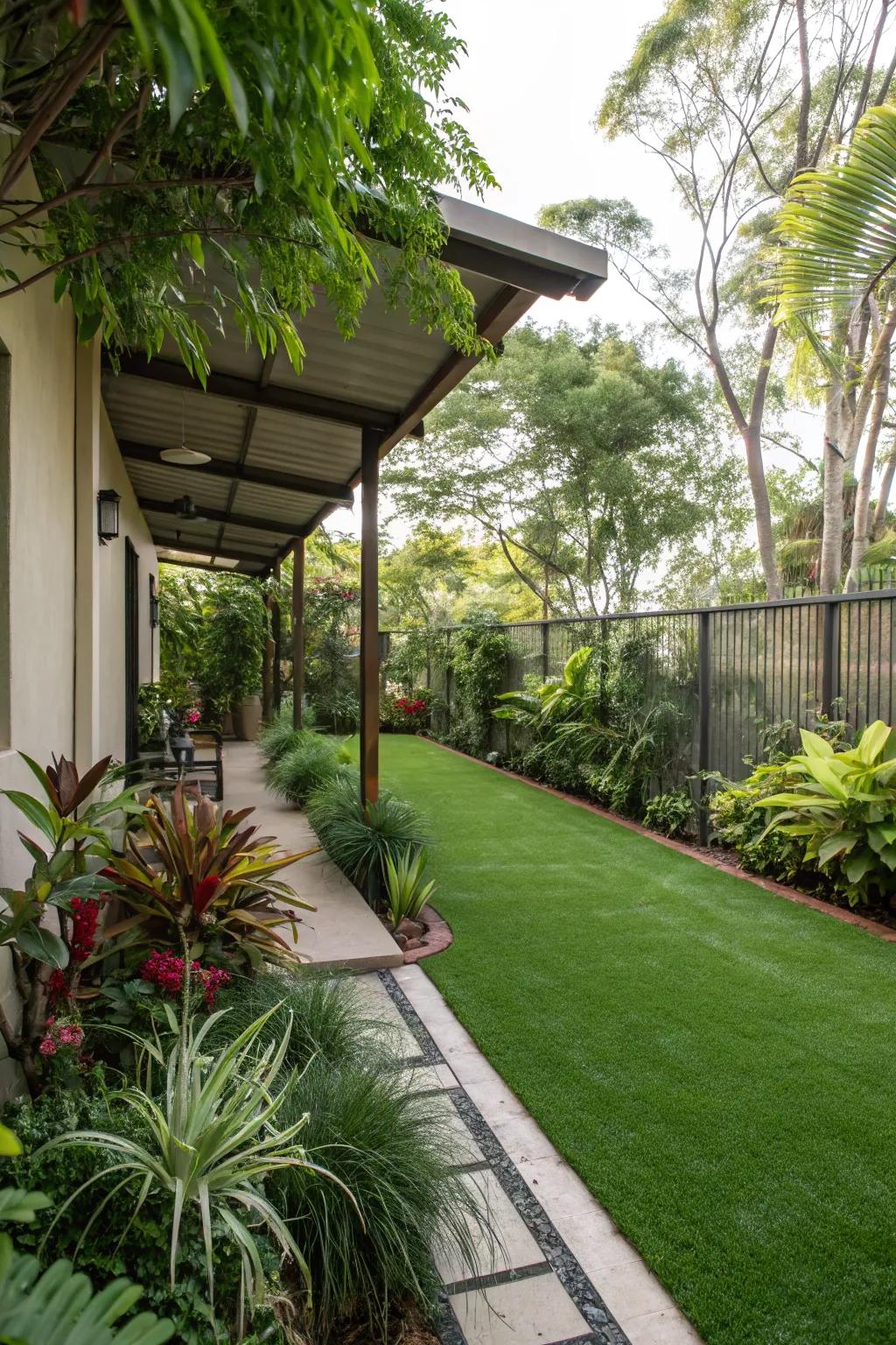 Change your side garden into a rich retreat by using simulated turf.