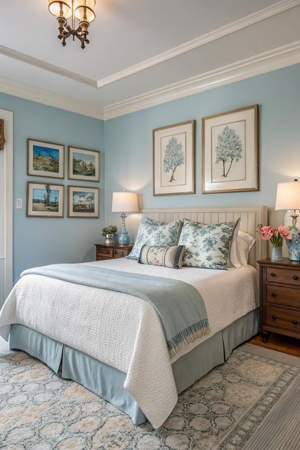 Art brings a personal touch to a serene soft sky bedroom.