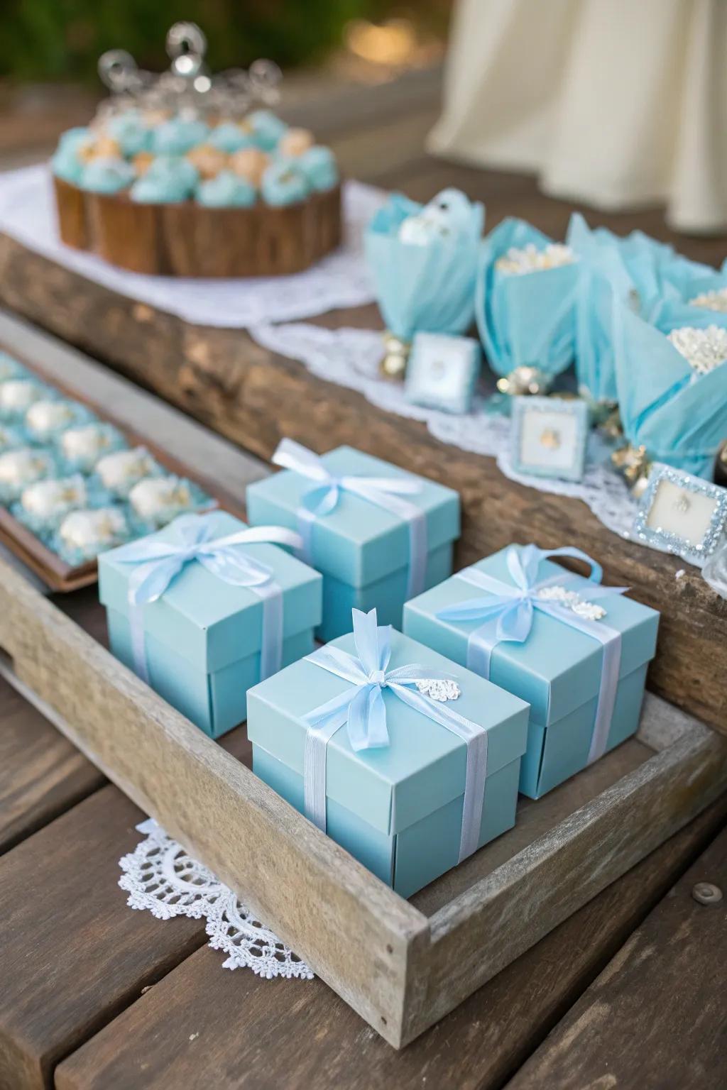 Azure-themed wedding mementos are a considerate means of thanking attendees.