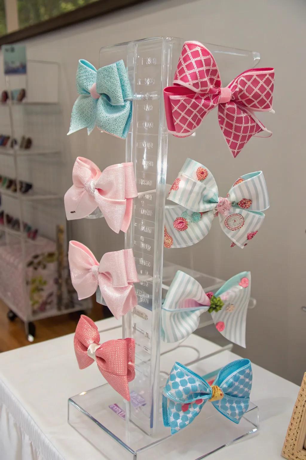 Sleek and modern clear acrylic display for baby bows.