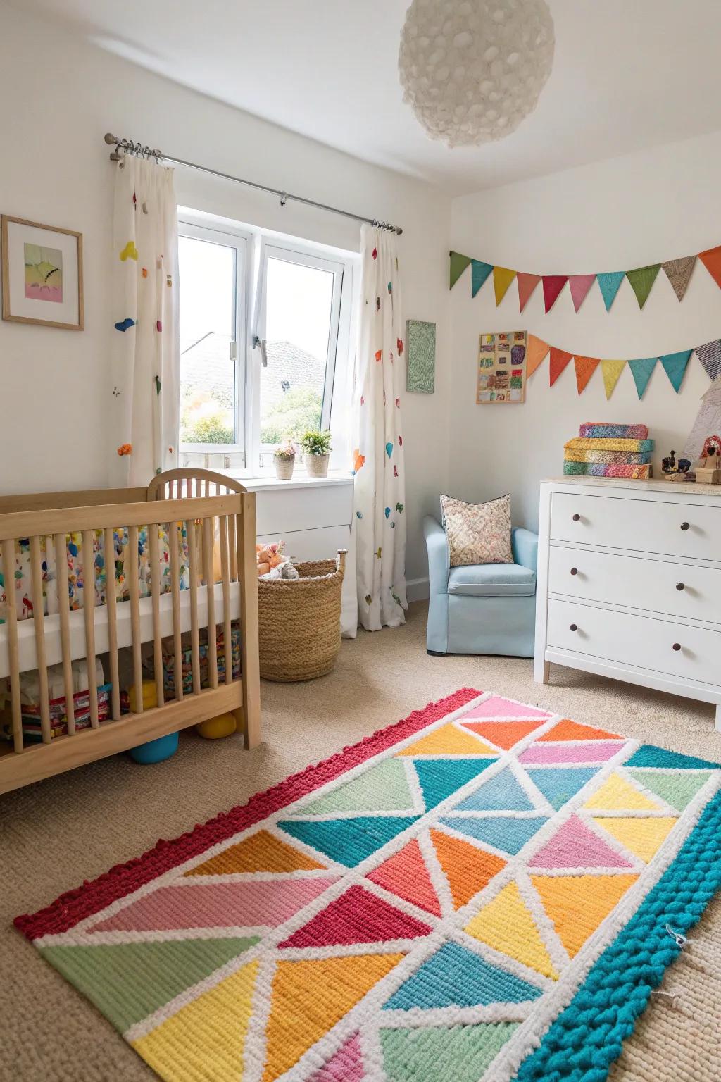 Vibrant carpets infuse vitality and establish a snug play area.