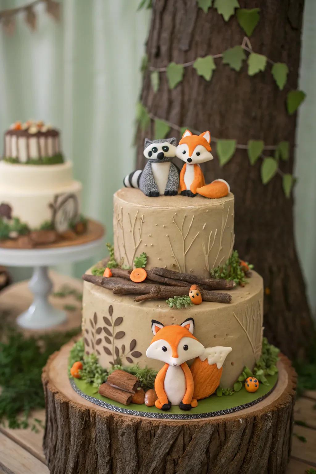 A jungle-styled cake using forest creatures for a baby boy shower.