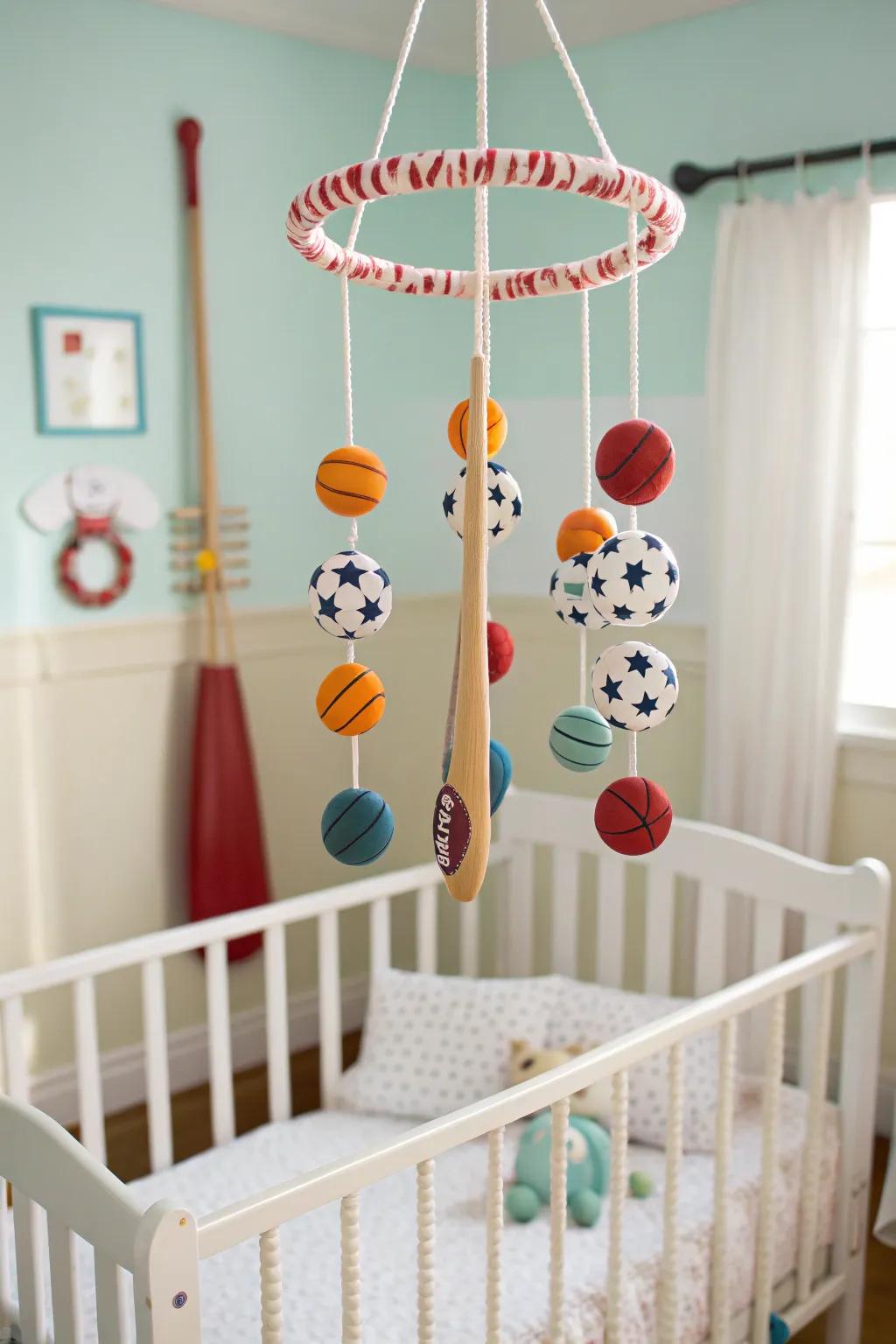 A sports baby mobile offers visual intrigue and gentle motion above the crib.