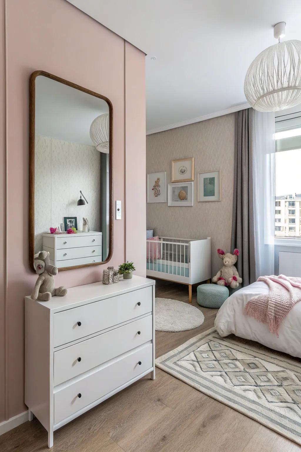 Mirrors improve the feeling of space, light within a compact nursery spot.