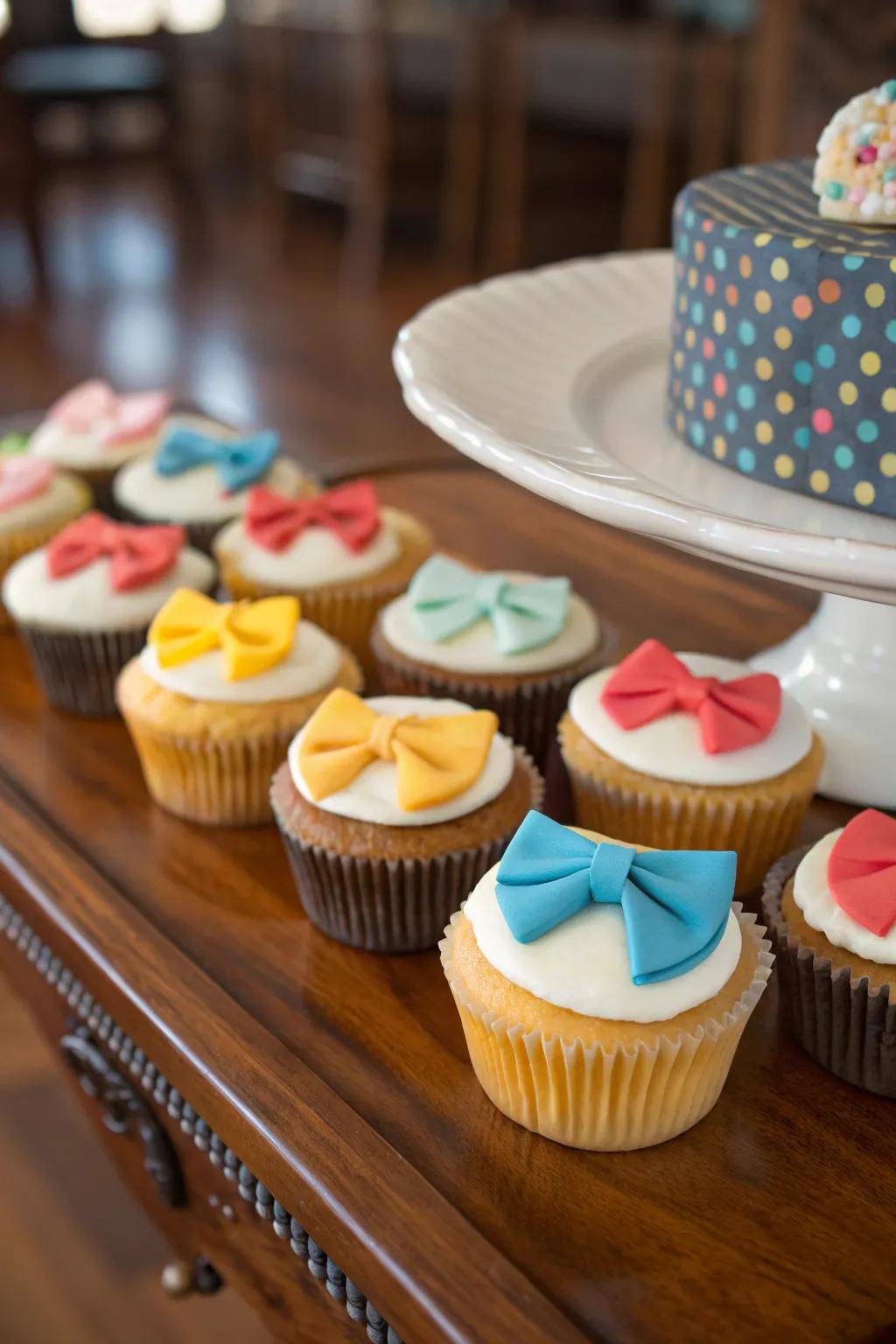 Bow-topped cupcakes add a touch of sophistication.