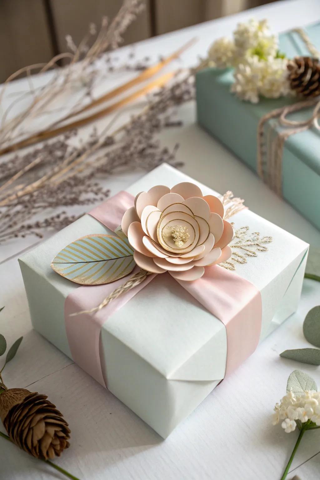 Add a touch of elegance with a handcrafted paper blossom topper for your baby shower gift.