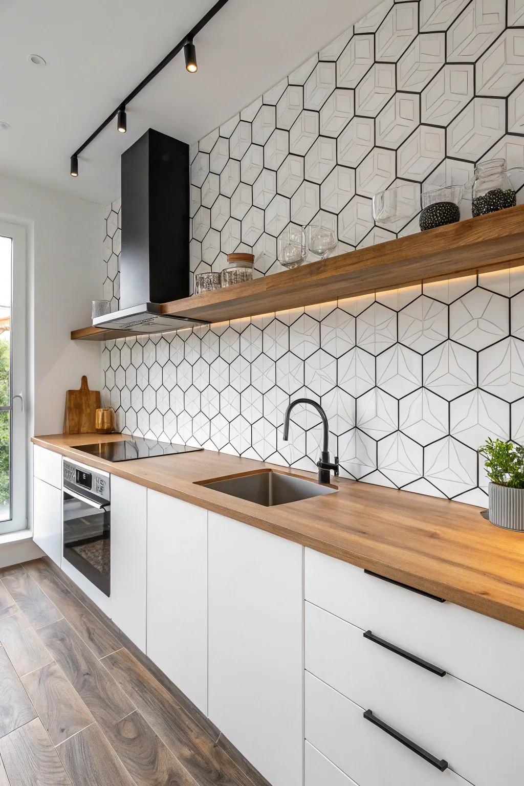 Modernize your cooking area using hexagon brick charm.