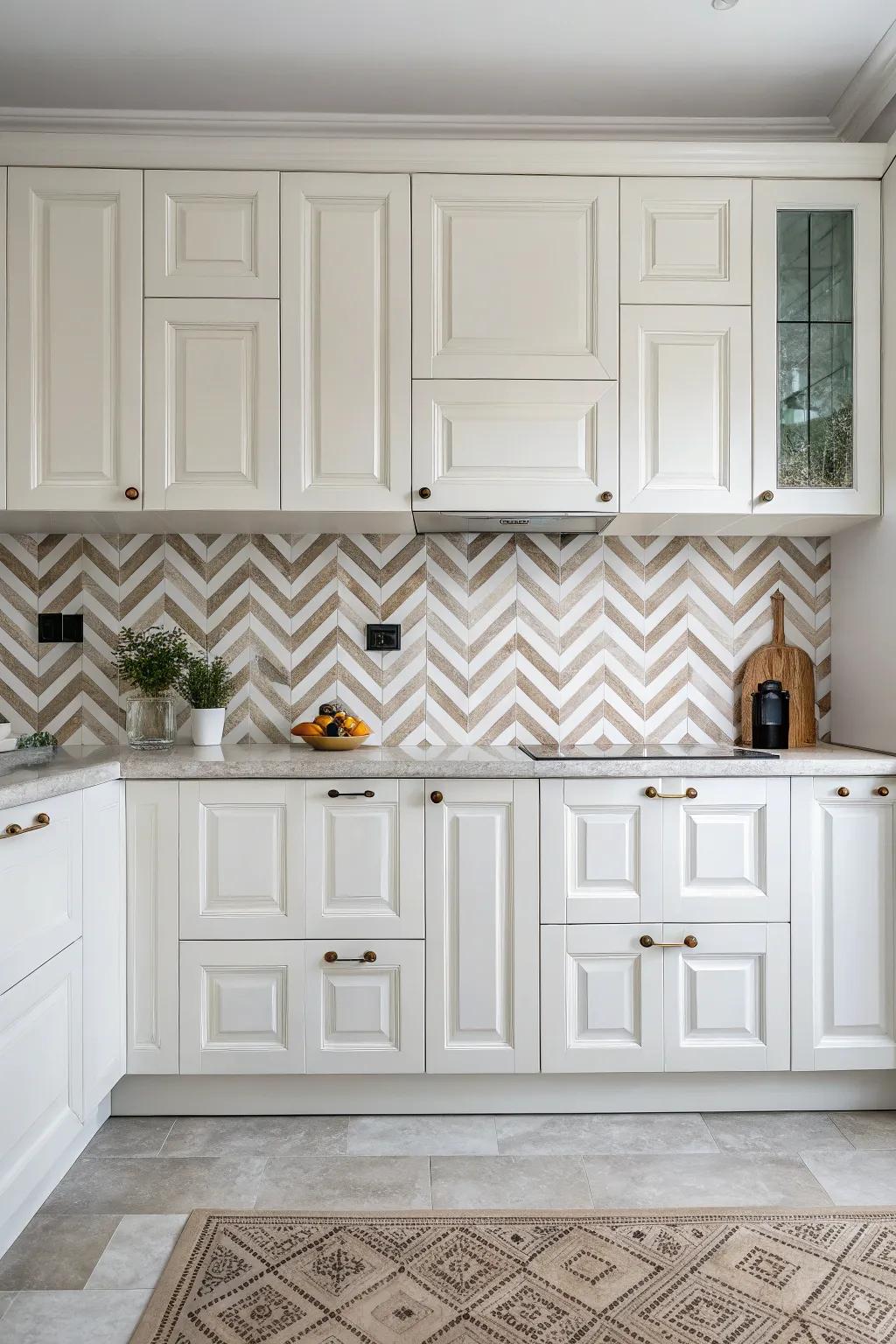 V-Shape patterns channel dynamic vitality into this white kitchen.