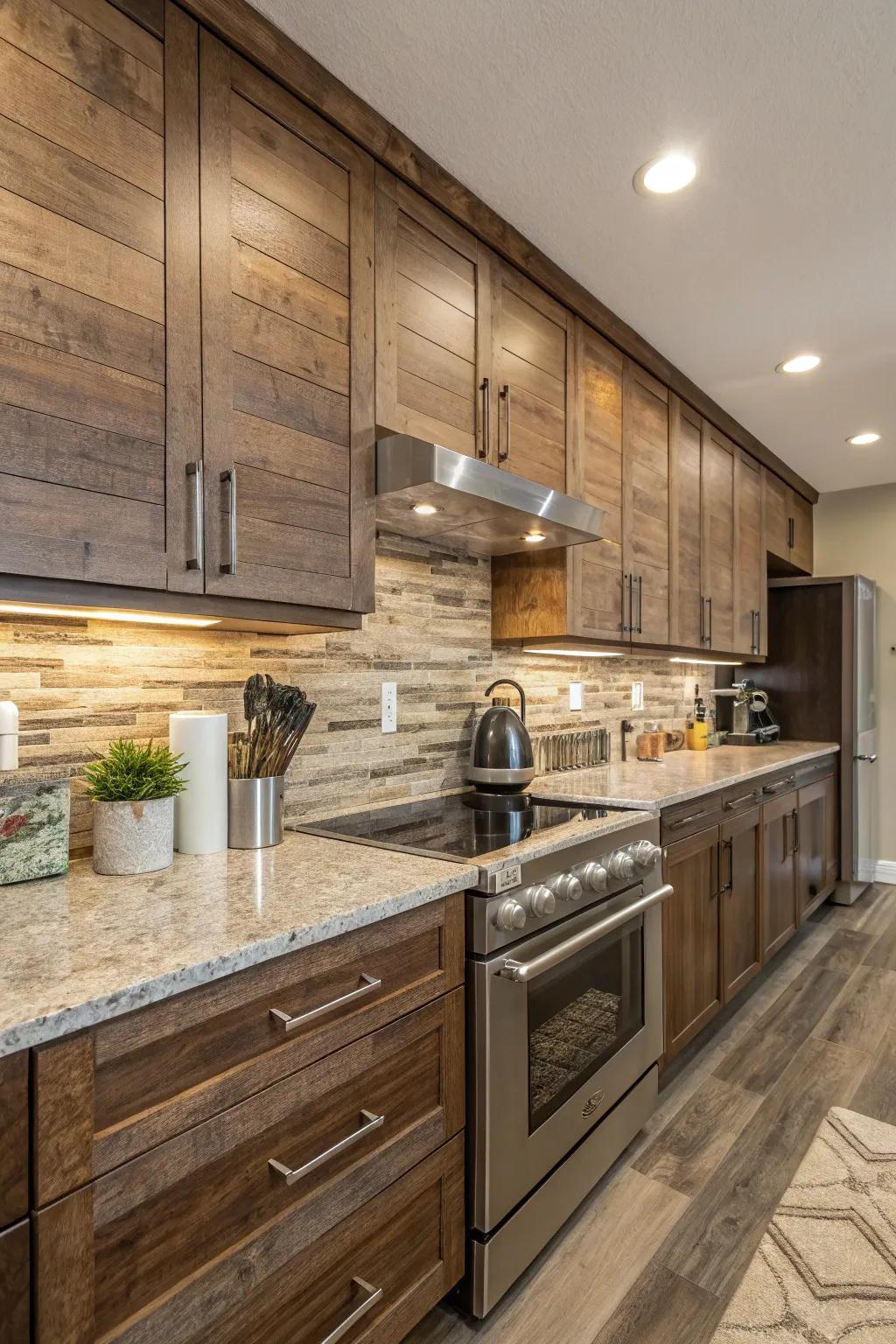 Timber-look tiles append countryside warmth to fantasy brown granite.