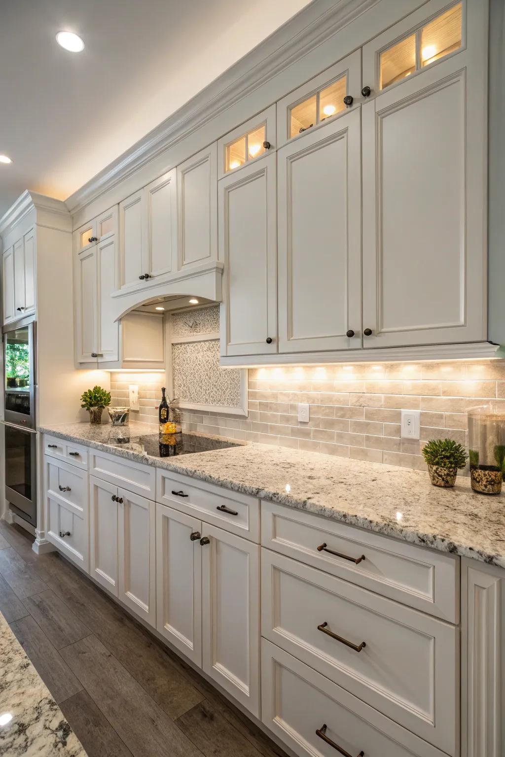 The backsplash's beauty is enhanced by lighting under the cabinets.