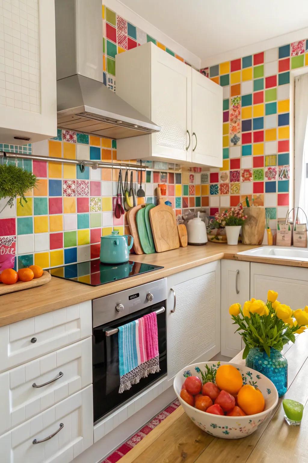 Multicolored tiles add a lively and inviting personality to your kitchen.