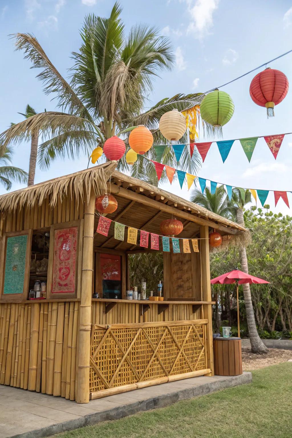 A backyard escape: tropical tiki bar BBQ shed.