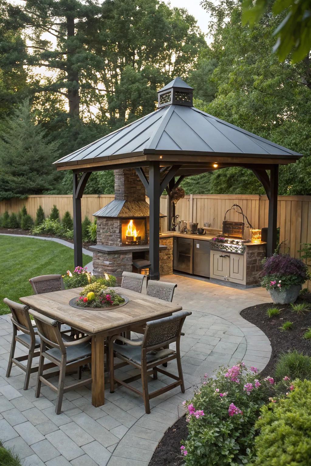 A shelter with a fire feature establishes a warm and inviting outdoor cooking area.