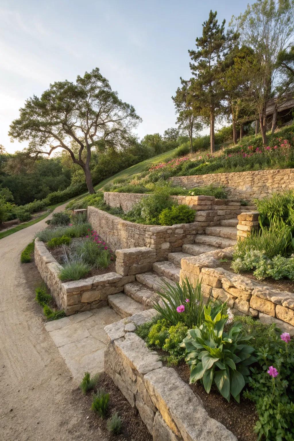 Terraced gardens with decomposed granite add depth and beauty to sloped landscapes.