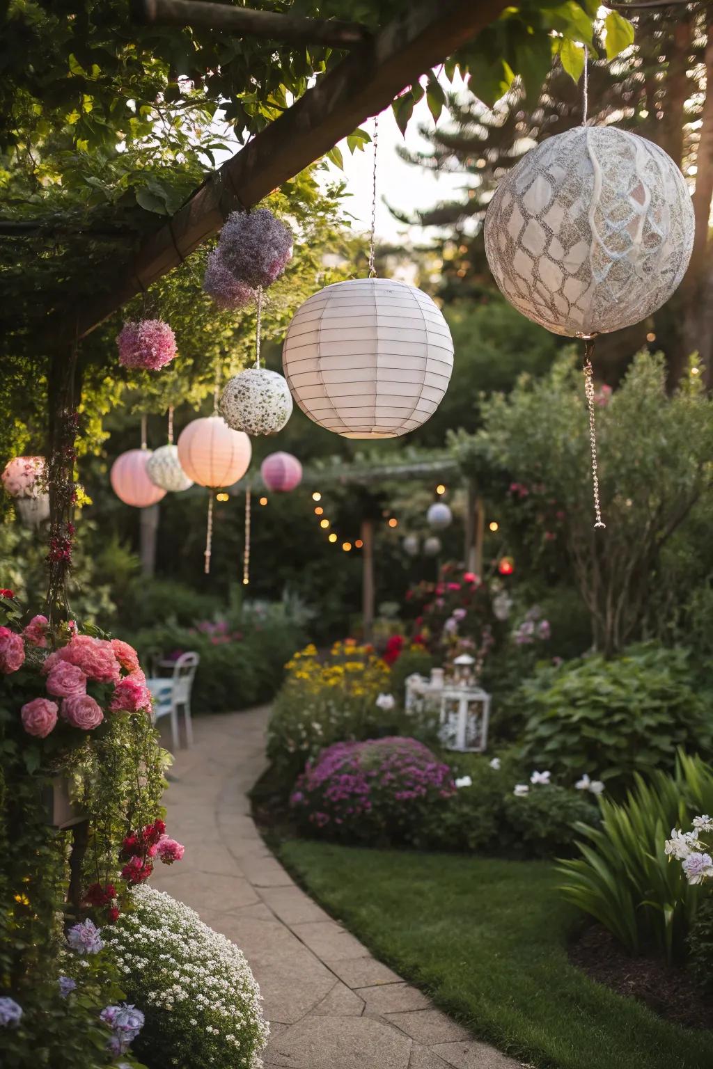 Suspended decorations contribute fantasy and visual appeal to the garden.