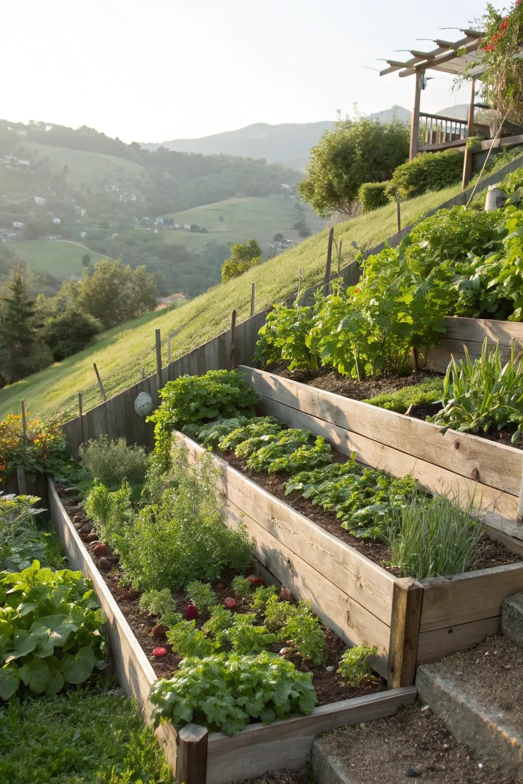 Graded vegetable beds take advantage of a slope for productive gardening.