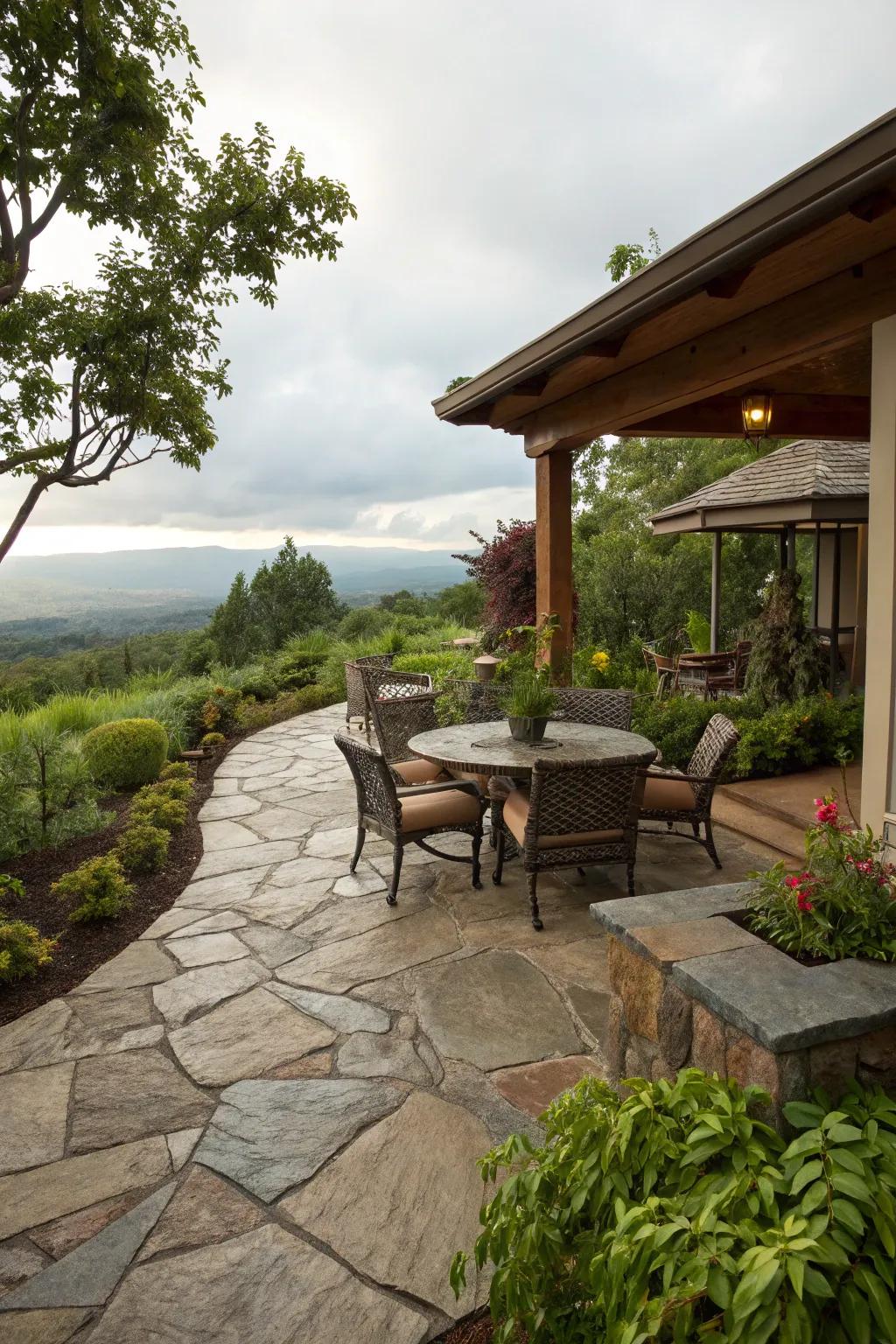 Natural stone flooring adding rugged charm to a lanai.