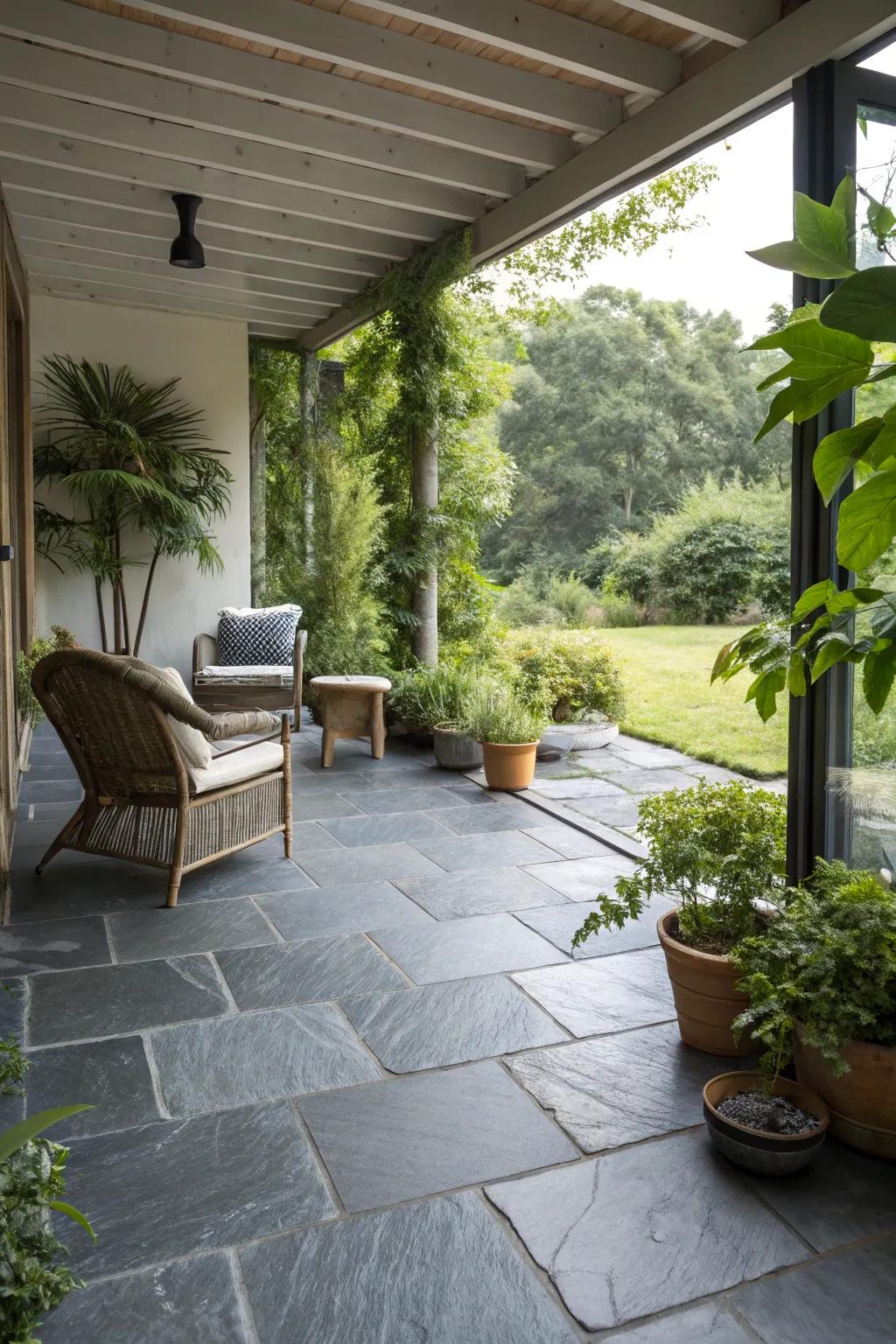 Slate squares inject drama and modern grace into any patio.