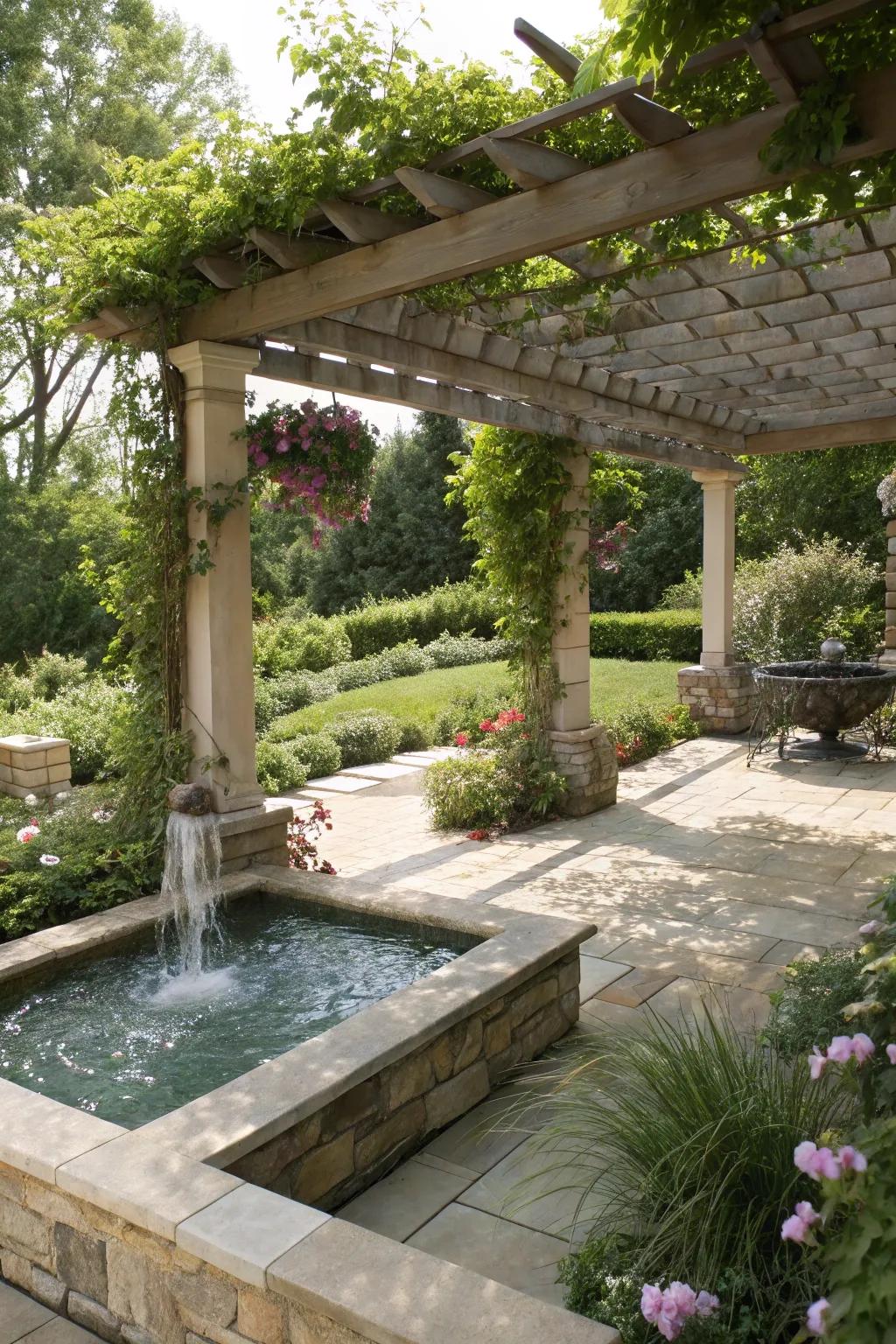 Water aspects inject a calming component across pergola environments.