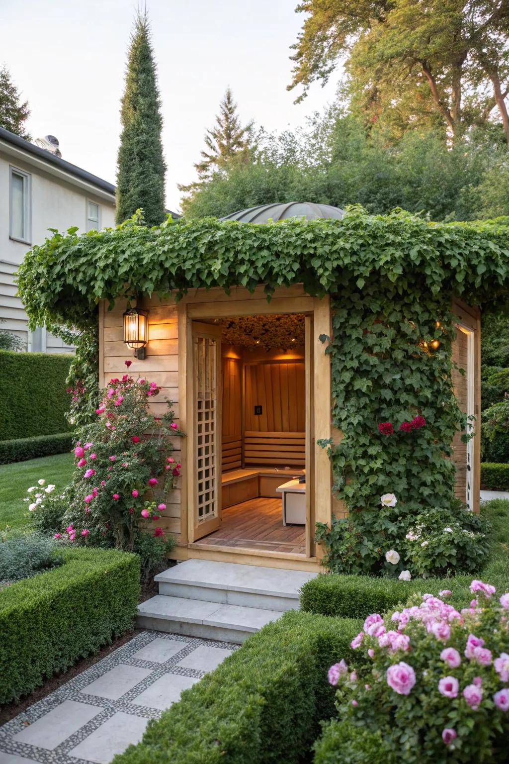 A garden sauna with a charming pergola.