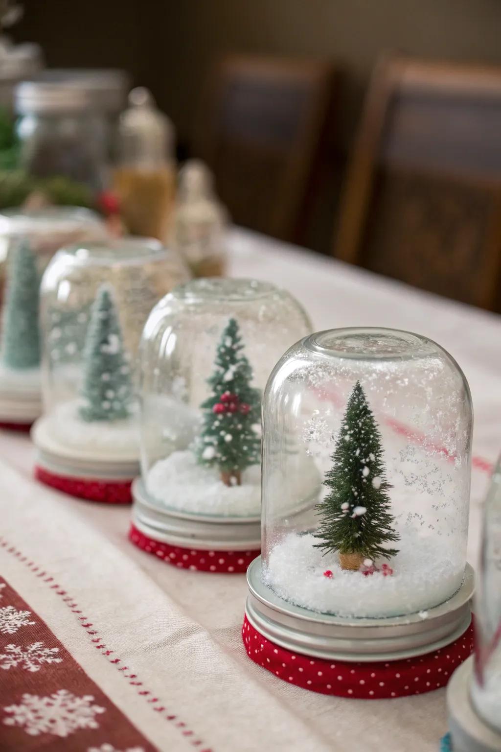 Festive snow globes produced from preserving containers introduce festive charm.