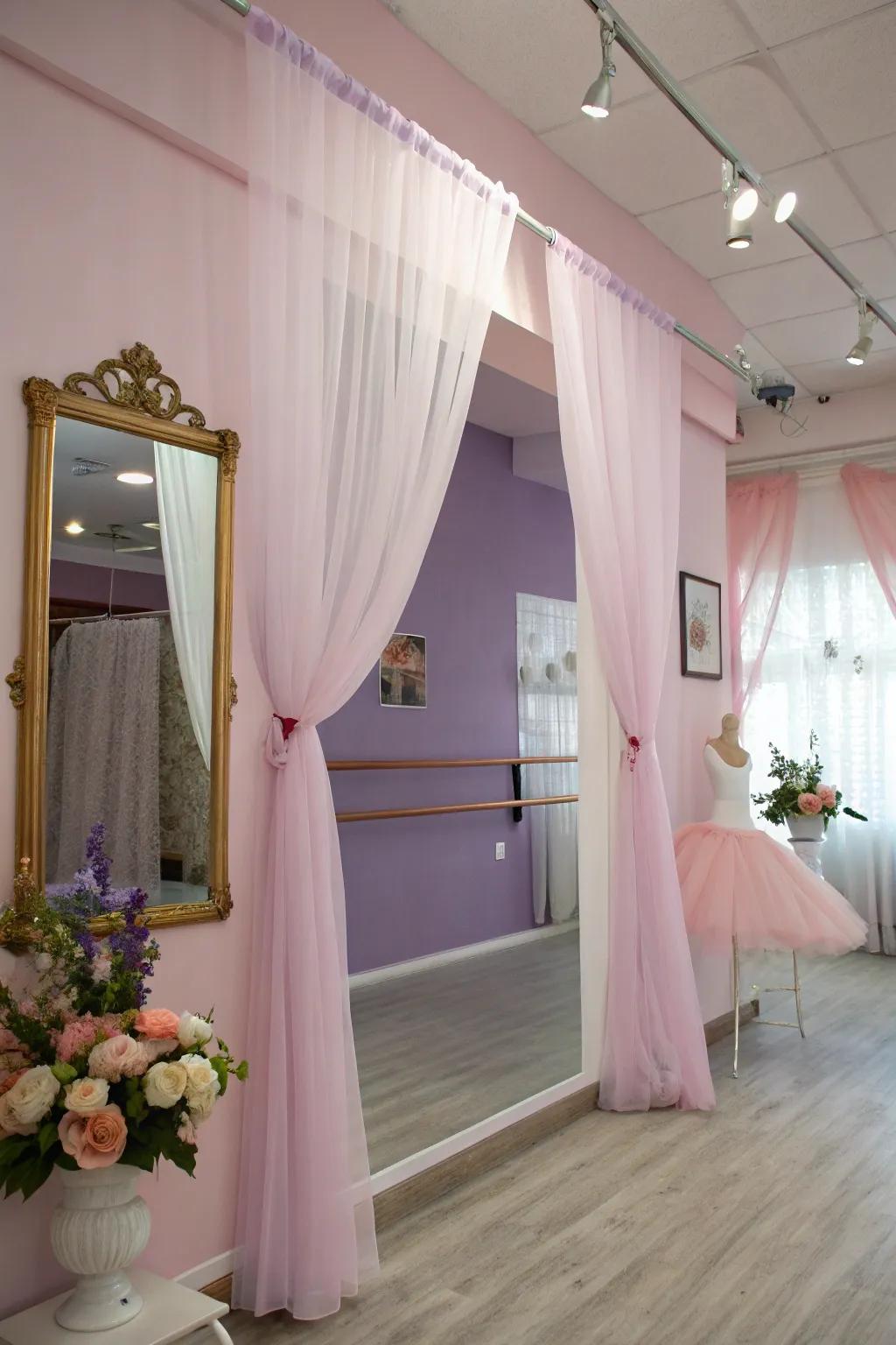Flowing window coverings enrich the room's soft elegance.