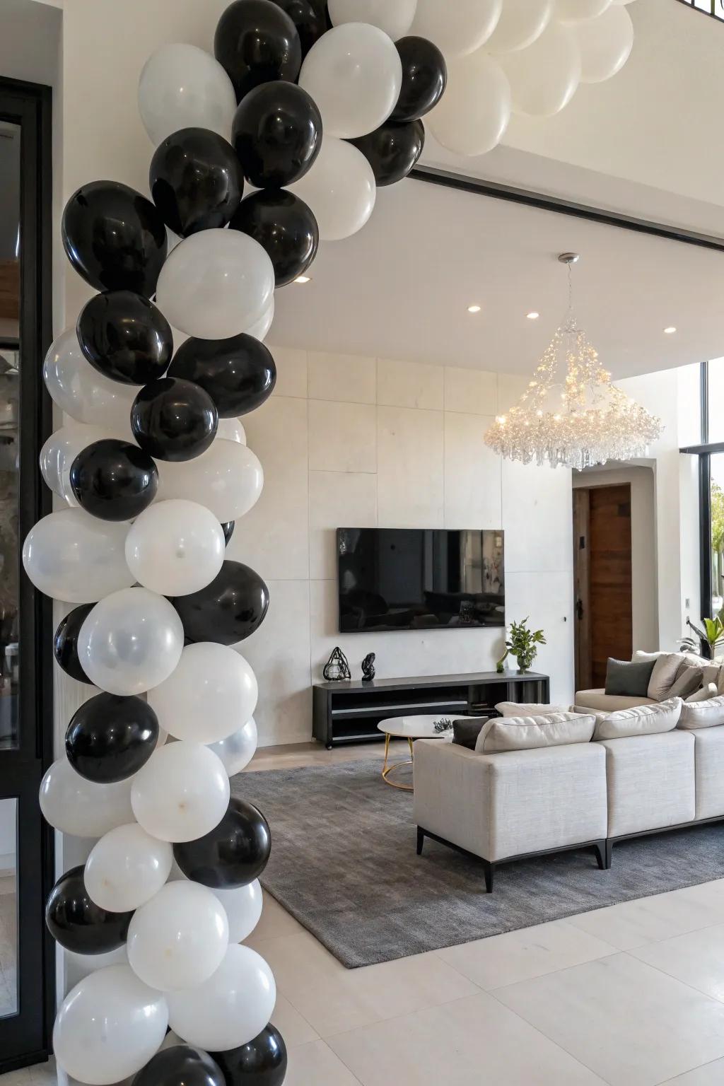 A polished monochrome balloon decor providing a daring, modern appearance.