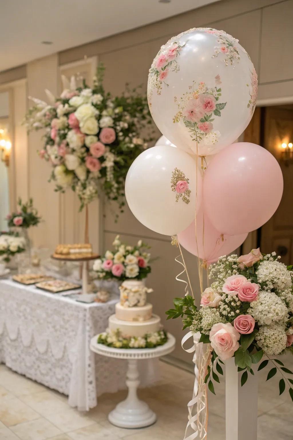 Balloons with bloom details establish a fresh and elegant aesthetic.