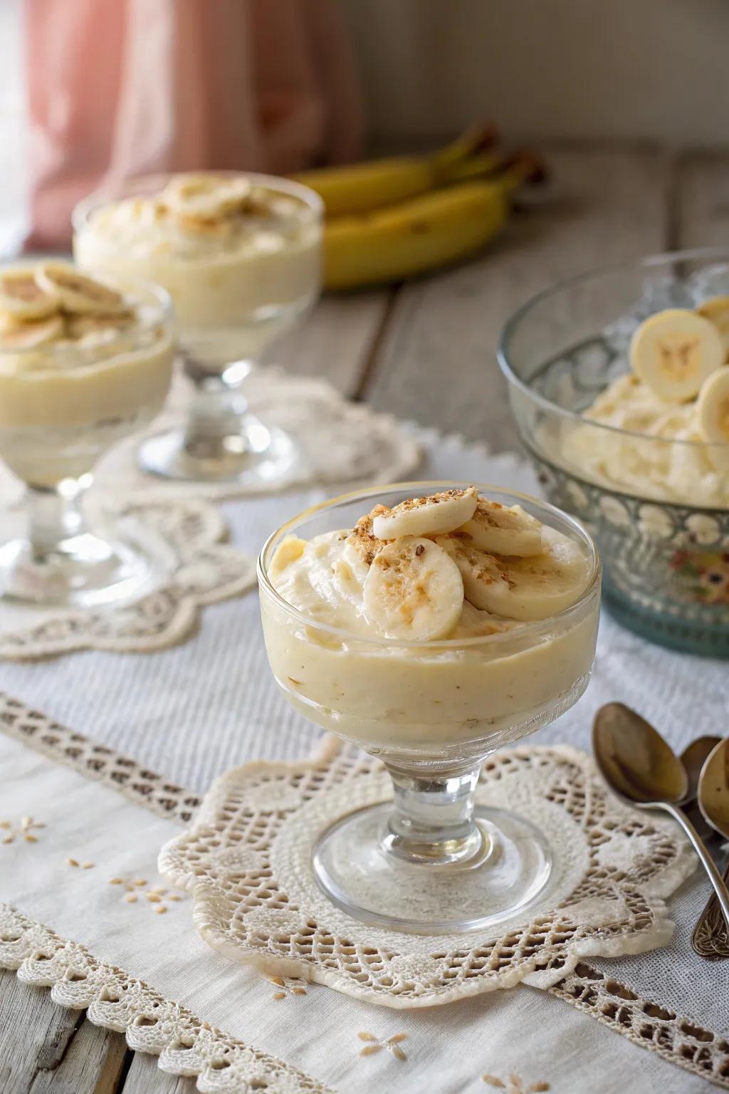 Nostalgic glassware adds charm to banana pudding.