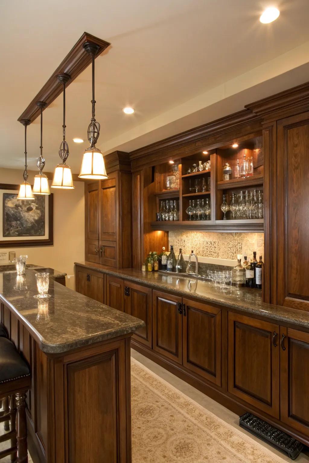 A home bar featuring a cozy wood hue backsplash with soft lighting.