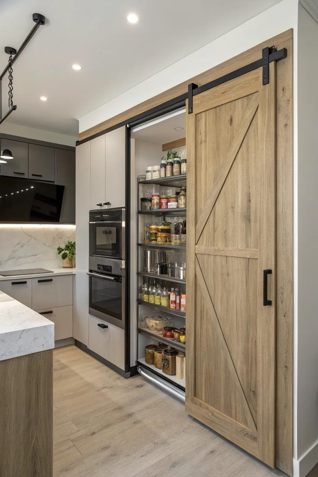 A modern kitchen equipped with a cutting-edge sliding mechanism for the barn door pantry.
